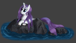 Size: 1920x1080 | Tagged: safe, artist:bluespaceling, rarity, g4, female, rock, solo, wet, wet mane, wet mane rarity