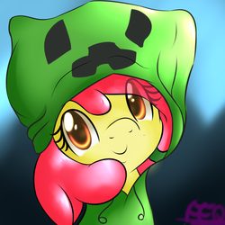 Size: 1500x1500 | Tagged: safe, artist:freefraq, apple bloom, earth pony, pony, g4, clothes, costume, creeper, cute, female, filly, foal, hoodie, looking at you, minecraft, smiling, solo