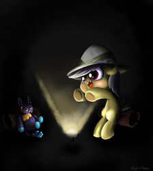 Size: 600x671 | Tagged: safe, artist:bunnimation, ahuizotl, daring do, pegasus, pony, g4, blushing, cute, daring dorable, dawing do, doll, fangs, female, flashlight (object), foal, hat, open mouth, plushie, sitting, smiling, solo, underhoof, younger