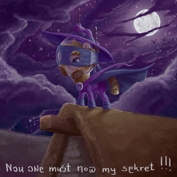 Size: 894x894 | Tagged: safe, alternate version, artist:gor1ck, mare do well, oc, oc only, oc:puppysmiles, bat, earth pony, pony, fallout equestria, fallout equestria: pink eyes, g4, clothes, cloud, cloudy, costume, dramatic pose, fanfic, fanfic art, female, filly, foal, full moon, halloween, hazmat suit, hooves, mare do well costume, mask, moon, night, nightmare night, rooftop, solo, text