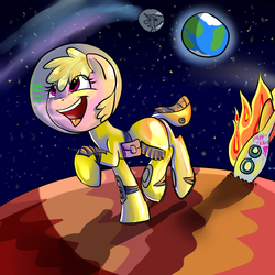 Size: 1000x1000 | Tagged: safe, artist:scoomakhajiit, oc, oc only, oc:puppysmiles, earth pony, pony, fallout equestria, fallout equestria: pink eyes, augmented reality interface, crash, equestria, fanfic, fanfic art, female, filly, foal, hazmat suit, hooves, mare in the moon, moon, open mouth, rocket, solo, space, stars, teeth