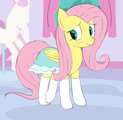 Size: 1200x1170 | Tagged: safe, artist:lphooves, fluttershy, pegasus, pony, g4, blushing, clothes, dress, embarrassed, female, socks, solo