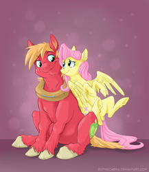 Size: 739x850 | Tagged: safe, artist:spainfischer, big macintosh, fluttershy, earth pony, pony, g4, male, ship:fluttermac, shipping, size difference, smiling, stallion, straight, underhoof, unshorn fetlocks