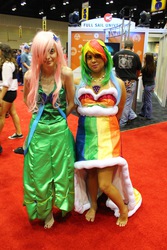 Size: 1500x2250 | Tagged: safe, fluttershy, rainbow dash, human, g4, barefoot, cosplay, feet, irl, irl human, photo