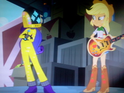 Size: 640x480 | Tagged: safe, applejack, rarity, equestria girls, g4, my little pony equestria girls: rainbow rocks, and then there's rarity, boots, cowboy boots, daft punk, daft rarity, guy-manuel de homem-christo, raised eyebrow, shoes