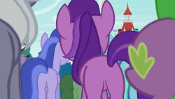 Size: 800x450 | Tagged: safe, edit, edited screencap, screencap, amethyst star, sparkler, spike, pony, g4, it ain't easy being breezies, amethyst butt, animated, breathing, butt, butt shake, eyes on the prize, female, leering, looking at butt, male, pervert, plot, ship:amespike, shipping, spike the butt lover