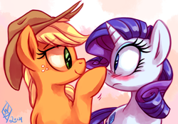 Size: 1110x775 | Tagged: safe, artist:whitediamonds, applejack, rarity, earth pony, pony, unicorn, rarijack daily, g4, applejack's hat, blushing, boop, cowboy hat, duo, female, freckles, frown, hat, lesbian, looking at each other, mare, ship:rarijack, shipping, smiling, tumblr, wide eyes
