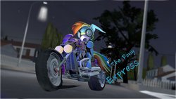 Size: 1024x576 | Tagged: safe, artist:epickitty54, rainbow dash, g4, 3d, biker, epic, female, goggles, looking at you, mask, motorcycle, ponies riding bikes, riding, solo, source filmmaker