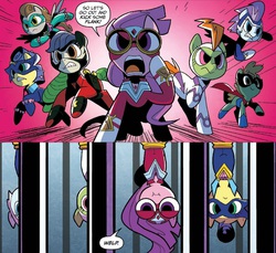 Size: 1028x943 | Tagged: safe, idw, fili-second, humdrum, masked matter-horn, mistress marevelous, radiance, saddle rager, zapp, g4, spoiler:comic, spoiler:comicannual2014, humdrum costume, masked matter-horn costume, power ponies, tied up, welp