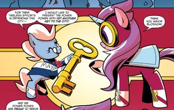 Size: 1028x651 | Tagged: safe, idw, masked matter-horn, mayor blossom, earth pony, pony, unicorn, g4, spoiler:comic, spoiler:comicannual2014, abstract background, duo, female, key, key to the city, mare, masked matter-horn costume, mayor of townsville, the powerpuff girls