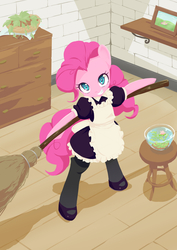 Size: 1413x2000 | Tagged: safe, artist:siagia, pinkie pie, pony, semi-anthro, g4, apron, arm hooves, bipedal, broom, clothes, female, fishbowl, french maid, maid, pixiv, solo