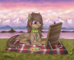 Size: 900x727 | Tagged: safe, artist:dirlcutto, oc, oc only, butterfly, pegasus, pony, mountain, summer