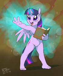 Size: 500x600 | Tagged: safe, artist:drjavi, twilight sparkle, anthro, plantigrade anthro, g4, barbie doll anatomy, belly button, breasts, feet, female, magic, solo, twilight sparkle (alicorn)