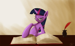 Size: 2850x1783 | Tagged: dead source, safe, artist:jeki, twilight sparkle, pony, unicorn, g4, book, female, glasses, mare, quill, solo, unicorn twilight