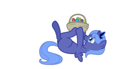 Size: 4859x2733 | Tagged: safe, artist:minimoose772, princess luna, g4, basket, easter, easter egg, egg, female, filly, on back, simple background, solo, transparent background, woona, younger