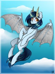 Size: 1536x2048 | Tagged: safe, artist:sunshineapple, oc, oc only, bat pony, pony, flying, horns, solo