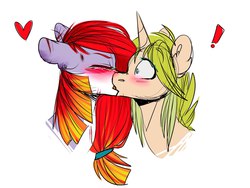 Size: 2560x1920 | Tagged: safe, artist:sunshineapple, oc, pony, unicorn, blushing, exclamation point, eyes closed, female, heart, kiss on the lips, kissing, lesbian, mare, shipping, simple background, surprise kiss, surprised, white background, wide eyes