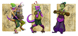 Size: 5557x2600 | Tagged: safe, artist:arainmorn, spike, argonian, khajiit, orc, anthro, tesiii:mlp, g4, balancing, bedroom eyes, book, crossover, expressions, eyes closed, gem, grin, heart, looking at you, muffin, open mouth, potion, shivering, smiling, sneezing, species swap, the elder scrolls, wide eyes