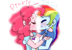 Size: 1024x720 | Tagged: dead source, safe, artist:chibi-love69, pinkie pie, rainbow dash, equestria girls, g4, blushing, female, lesbian, ship:pinkiedash, shipping