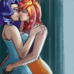 Size: 3000x3000 | Tagged: safe, artist:checkerboardazn, rarity, sunset shimmer, human, g4, duo, eyes closed, female, high res, hug, humanized, kiss on the lips, kissing, lesbian, shipping, smiling, sunsarity