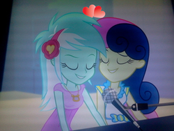 Size: 640x480 | Tagged: safe, edit, screencap, bon bon, lyra heartstrings, sweetie drops, equestria girls, g4, my little pony equestria girls: rainbow rocks, eyes closed, female, grin, heart, lesbian, microphone, ship:lyrabon, shipping, smiling