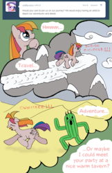 Size: 700x1082 | Tagged: safe, artist:ambrosebuttercrust, toola-roola, earth pony, pony, ask toola roola, g3, g4, ask, cactus, comic, crossover, desert, female, g3 to g4, generation leap, mare, running, screaming, text, tumblr