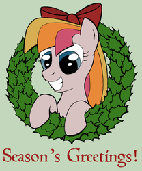 Size: 750x903 | Tagged: safe, artist:ambrosebuttercrust, toola-roola, earth pony, pony, ask toola roola, g3, g4, ask, bow, christmas, female, g3 to g4, generation leap, grin, hair bow, holiday, mare, smiling, solo, tumblr, wreath