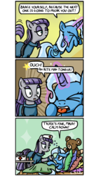 Size: 500x886 | Tagged: safe, artist:foudubulbe, maud pie, trixie, pony, unicorn, comic:damp rocks, g4, bed, comic, female, first aid kit, hat, lesbian, magic, magic aura, mare, nurse, nurse hat, overreaction, pillow, plushie, ship:mauxie, shipping, shocked, teddy bear, tongue bite