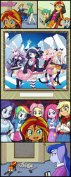 Size: 800x1977 | Tagged: safe, applejack, fluttershy, pinkie pie, princess luna, rainbow dash, rarity, snails, snips, sunset shimmer, equestria girls, g4, bra strap, clothes, exploitable, exploitable meme, funny, meme, sanrio, show by rock!!, skirt, sunset's art critics