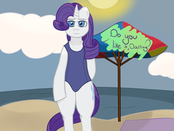 Size: 1600x1200 | Tagged: safe, artist:twalot, rarity, pony, g4, beach, bipedal, clothes, female, looking at you, solo, sukumizu, swimsuit