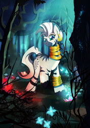 Size: 1358x1920 | Tagged: safe, artist:rariedash, zecora, zebra, g4, crepuscular rays, dreamworks face, ear piercing, earring, everfree forest, featured image, female, flower, glowing, jewelry, looking at you, mushroom, piercing, poison joke, raised eyebrow, raised hoof, smiling, solo, unshorn fetlocks