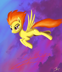 Size: 1080x1246 | Tagged: dead source, safe, artist:jeki, spitfire, pegasus, pony, g4, female, flying, mare, sky, solo, sunset, wings