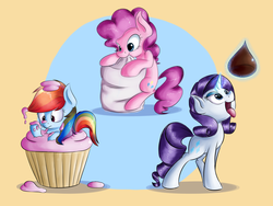 Size: 4000x3000 | Tagged: dead source, safe, artist:crazypon3, pinkie pie, rainbow dash, rarity, g4, abstract background, circle background, cupcake, cute, hershey kisses, high res, magic, marshmallow, messy, nom, open mouth, ponies in food, telekinesis, tongue out, trio