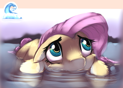 Size: 1447x1028 | Tagged: safe, artist:gsphere, fluttershy, g4, female, floppy ears, lying, sad, solo, water, wet