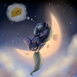 Size: 1600x1600 | Tagged: safe, artist:izymibrony, princess luna, g4, cheese, cheese moon, crescent moon, cute, eyes closed, female, filly, licking lips, lunabetes, moon, solo, tangible heavenly object, tongue out, woona, younger