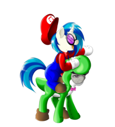 Size: 2473x2722 | Tagged: dead source, safe, artist:taekwon-prices, dj pon-3, octavia melody, vinyl scratch, yoshi, g4, clothes, duo, high res, male, mario, nintendo, octavia is not amused, super mario bros., unamused