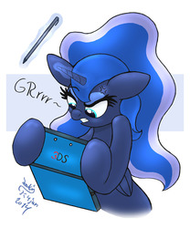 Size: 1000x1200 | Tagged: safe, artist:joakaha, princess luna, gamer luna, g4, 3ds, angry, female, magic, nintendo, solo, stylus