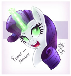 Size: 930x1000 | Tagged: safe, artist:joakaha, rarity, g4, inspiration manifestation, bust, corrupted, dark magic, dialogue, female, glowing eyes, glowing horn, horn, inspirarity, magic, open mouth, possessed, solo