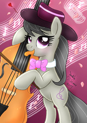 Size: 900x1270 | Tagged: safe, artist:joakaha, octavia melody, earth pony, pony, g4, backwards cutie mark, bowtie, cello, female, hat, heart, musical instrument, solo, tongue out