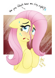 Size: 850x1200 | Tagged: safe, artist:joakaha, fluttershy, filli vanilli, g4, dialogue, female, solo, sweat