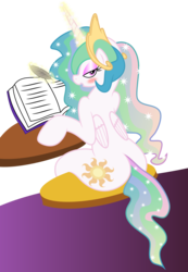 Size: 7500x10858 | Tagged: safe, artist:verard87, artist:zev, princess celestia, alicorn, pony, g4, absurd resolution, bedroom eyes, blushing, book, butt, feather, female, looking back, magic, mare, missing accessory, plot, simple background, sitting, solo, telekinesis, transparent background