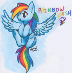 Size: 559x570 | Tagged: safe, artist:mahoxyshoujo, rainbow dash, pegasus, pony, g4, female, solo, traditional art, underhoof