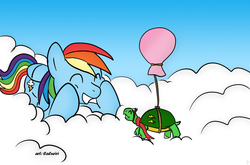 Size: 1000x660 | Tagged: safe, artist:caluriri, rainbow dash, speedy, tortoise, turtle, g4, balloon, cloud, goggles, hilarious in hindsight