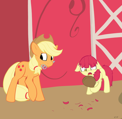 Size: 922x900 | Tagged: artist needed, safe, apple bloom, applejack, g4, bad haircut, colored, haircut, manecut, mirror, mouth hold, scissors, sisters