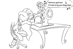 Size: 900x604 | Tagged: safe, artist:rubrony, rarity, sweetie belle, g4, monochrome, sewing machine, singing, sisters, sleeping