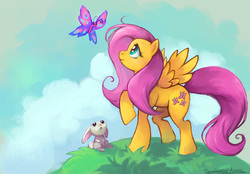 Size: 950x662 | Tagged: safe, artist:remainaery, angel bunny, fluttershy, butterfly, g4, grass