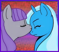 Size: 984x869 | Tagged: safe, artist:kennyklent, maud pie, trixie, pony, unicorn, g4, female, kissing, lesbian, mare, ship:mauxie, shipping, trace