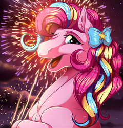 Size: 1227x1280 | Tagged: safe, artist:kittehkatbar, pinkie pie, g4, bow, female, fireworks, portrait, rainbow power, solo