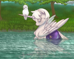 Size: 750x600 | Tagged: safe, artist:hollowzero, oc, oc only, oc:pearly gates, alicorn, owl, pony, snowy owl, alicorn oc, clothes, lake, partial nudity, swimsuit, topless, tree, water