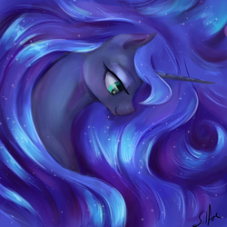 Size: 2000x2000 | Tagged: safe, artist:silfoe, princess luna, pony, lunadoodle, g4, bedroom eyes, female, hair, high res, long hair, mare, smiling, solo